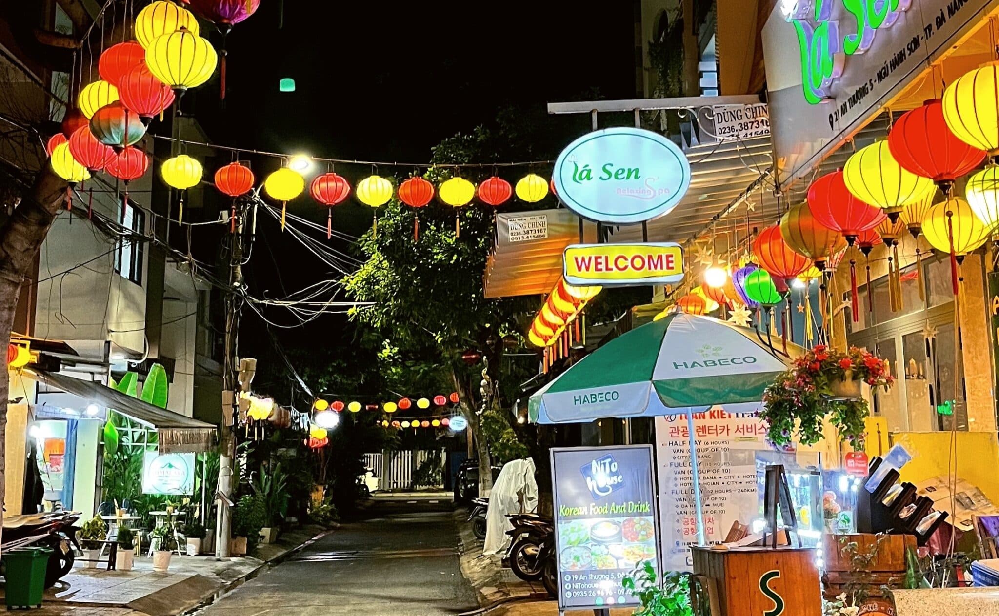 Street lit up at night in Da Nang, Vietnam